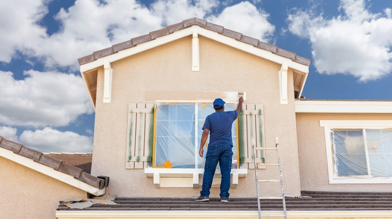 Painter on a roof paints exterior window trim with a brush under a blue sky.