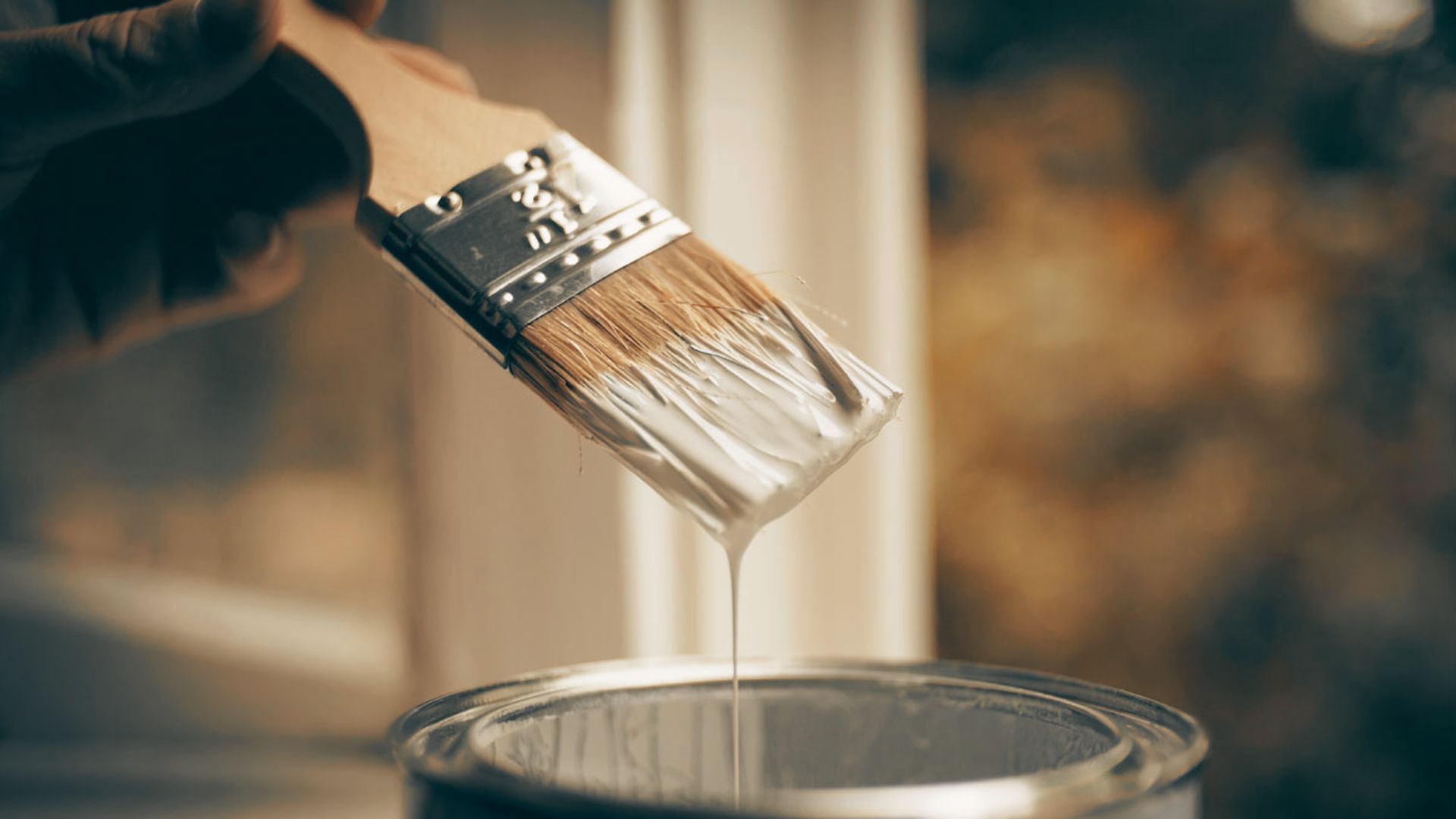 A hand holds a paintbrush dripping white paint back into a can, lit by soft window light.