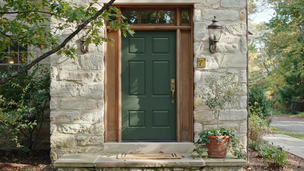 Forest green front door paired with stone and wood exterior elements, creating a rich, earthy, and grounded entrance with natural appeal.