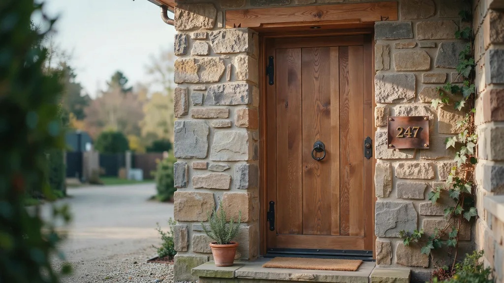 Warm brown front door with wood-influenced finish on rustic home, blending naturally with stone and earthy tones for a cozy entrance.