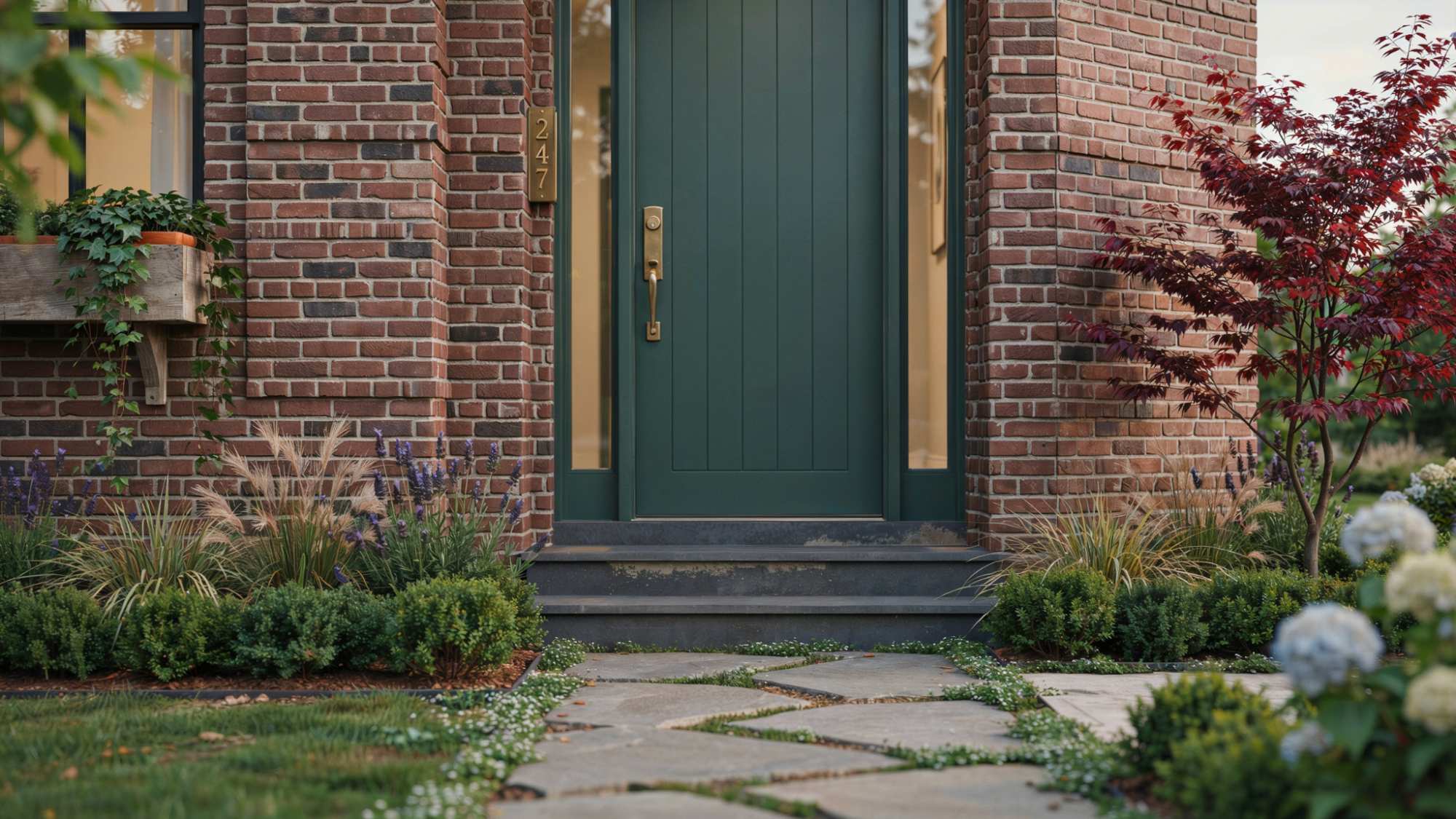 Dark green front door on brick house with brass hardware and surrounding greenery, creating a calm, sophisticated entrance with natural outdoor appeal.