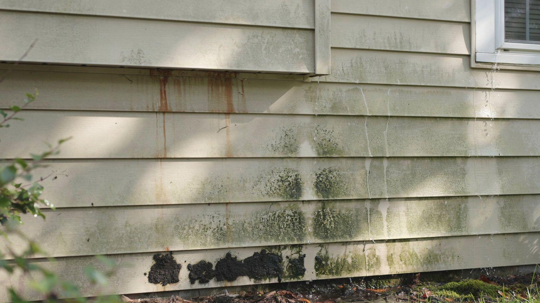 A house exterior wall showing dark mold, mildew, and moisture stains spreading across damp, weathered paint.