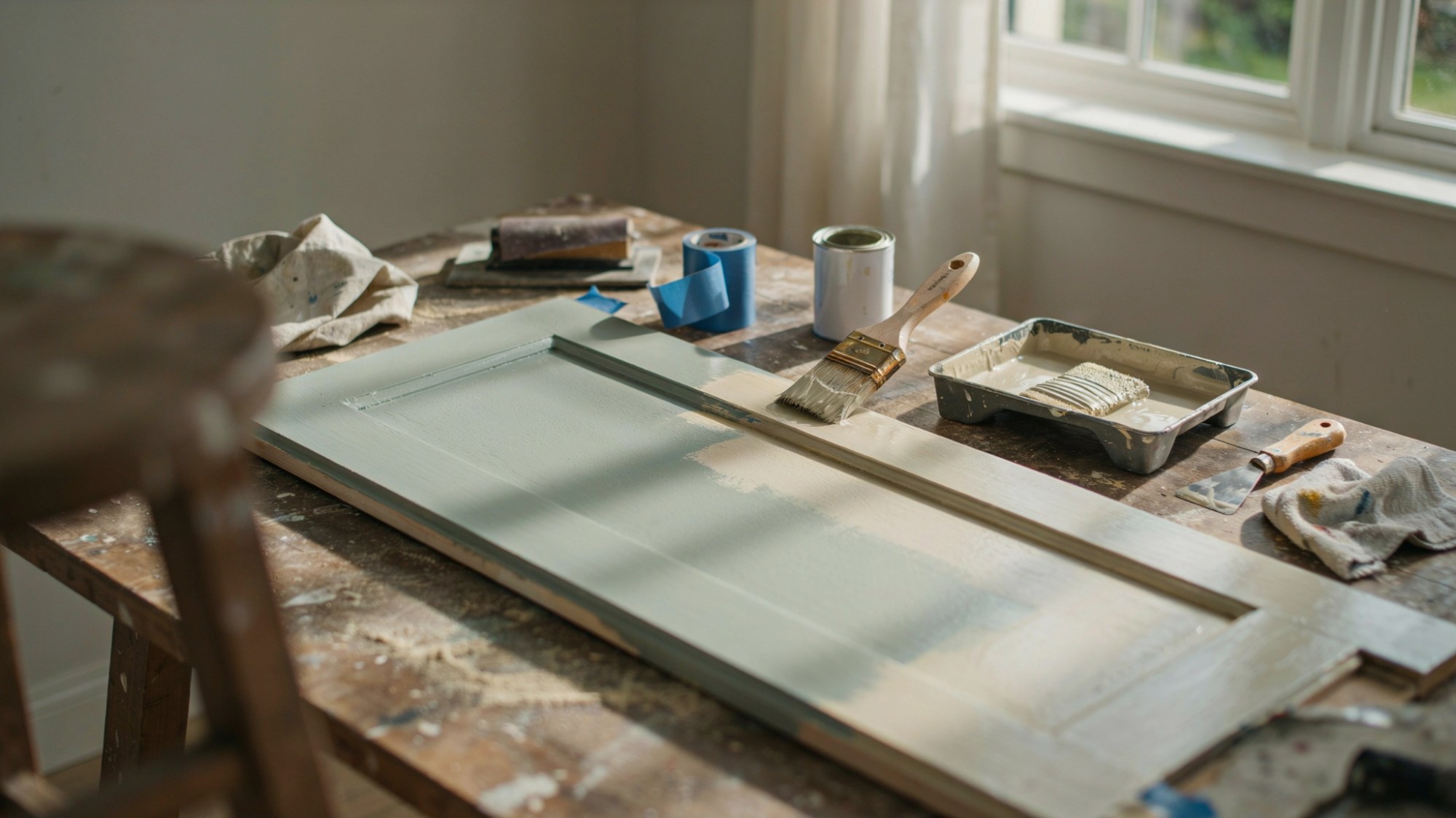 Oil-based paint being applied over a prepared latex-painted wooden surface.