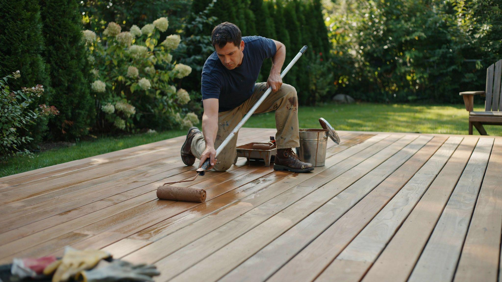 Homeowner applying wood stain to deck boards with a roller, creating smooth even coverage on a partially stained wooden deck in sunlight.