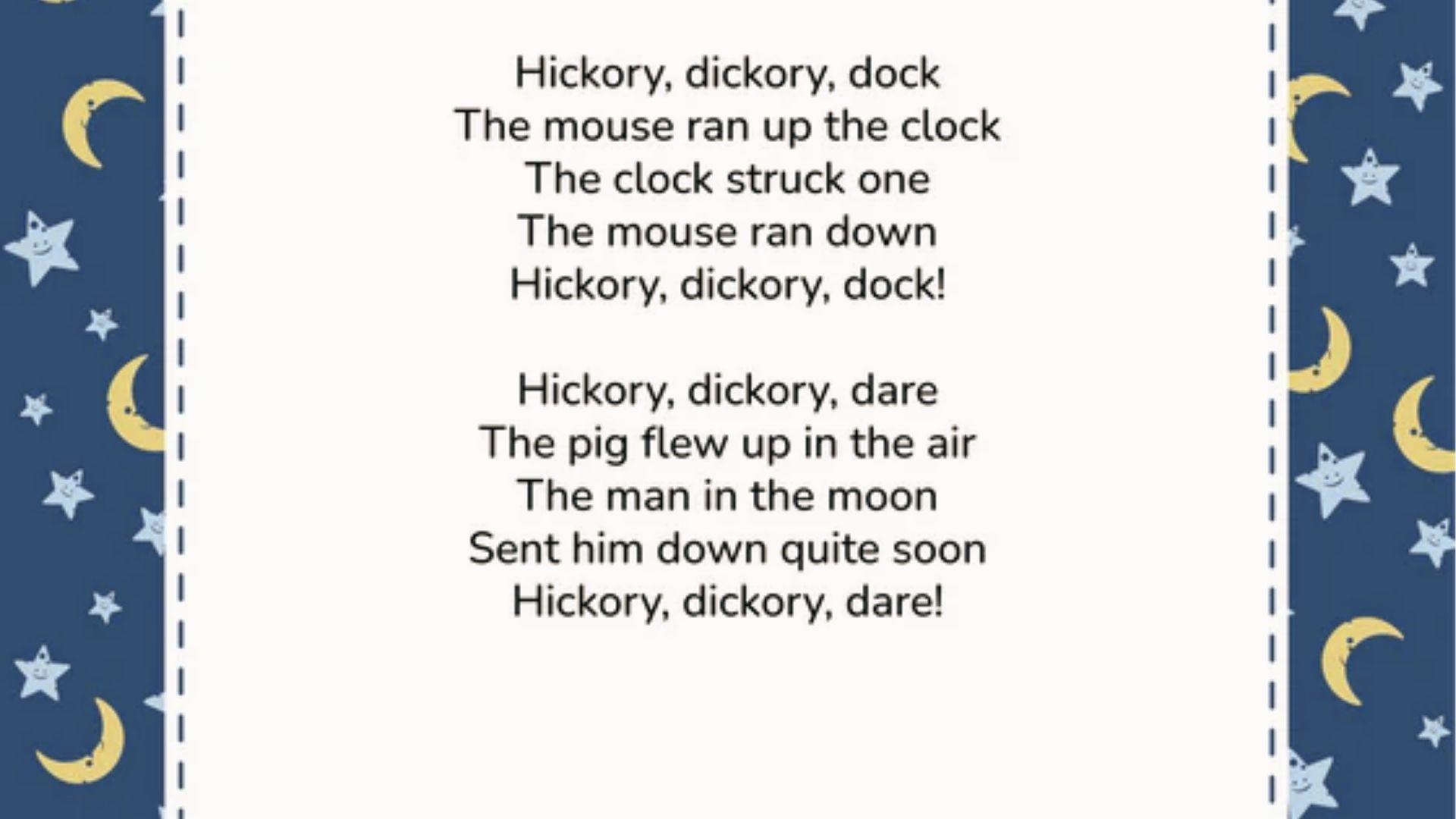 "Hickory Dickory Dock" nursery rhyme verses framed by a navy border with moons and stars.