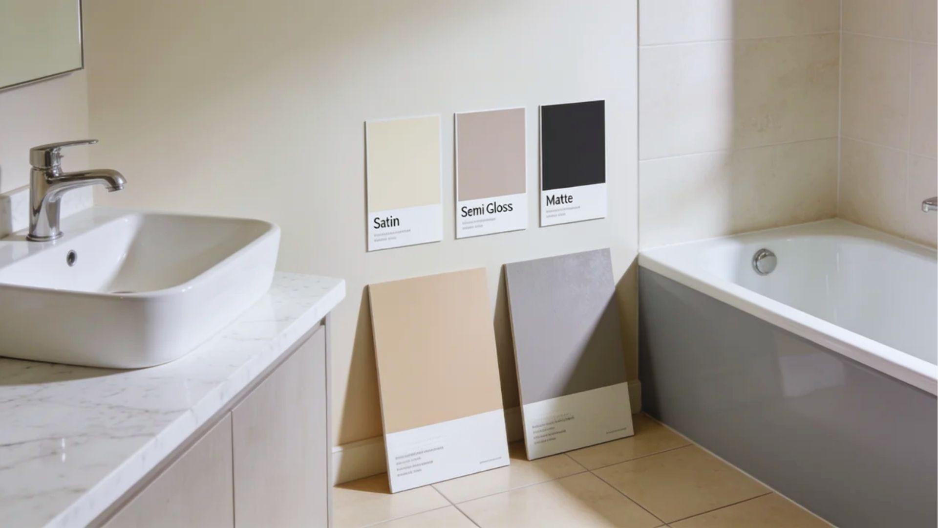 Bathroom paint finish samples for choosing moisture-resistant coatings.