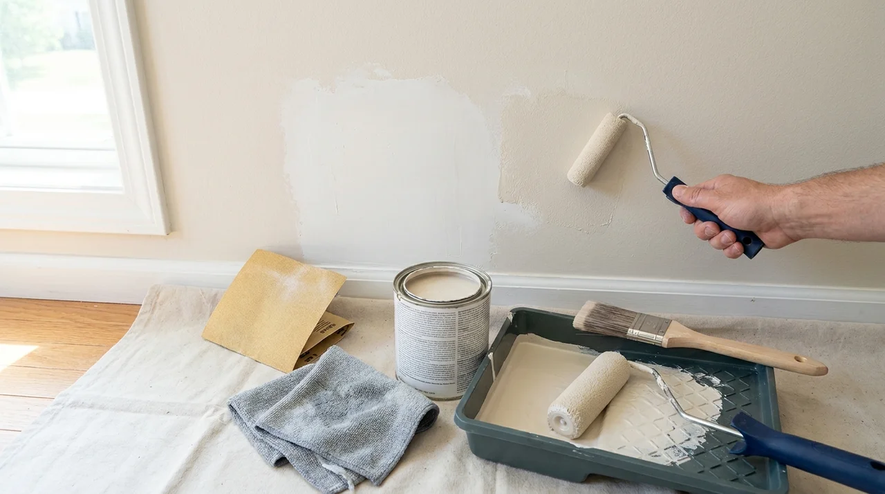 Tools and paint used to carefully repair a small eggshell wall touch-up.