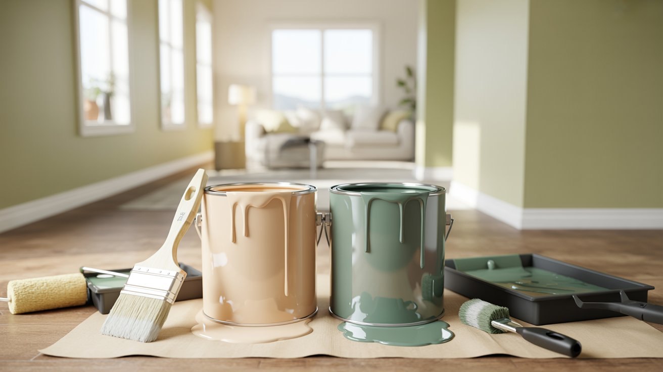 Latex vs water based paint cans with painting tools.