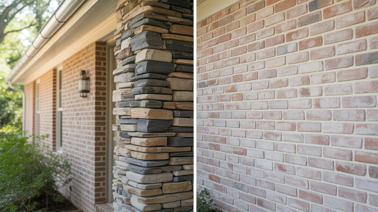 Limewashed brick coordinated with natural stone on a mixed-material home exterior.