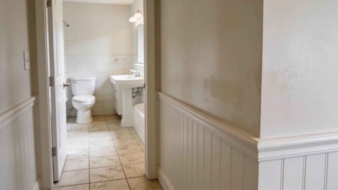 Durable scuff-resistant bathroom paint finish on interior walls.