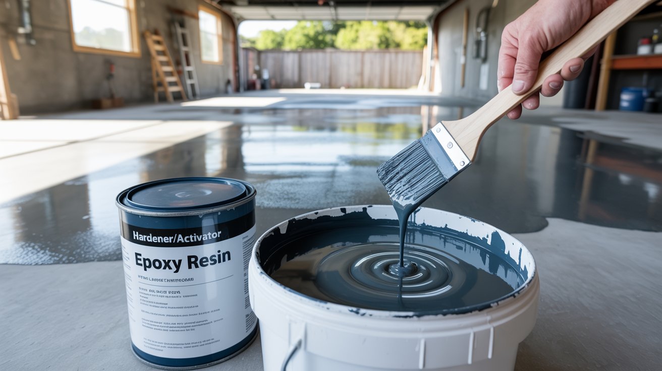 Two-part epoxy resin and hardener being mixed before coating a concrete floor.