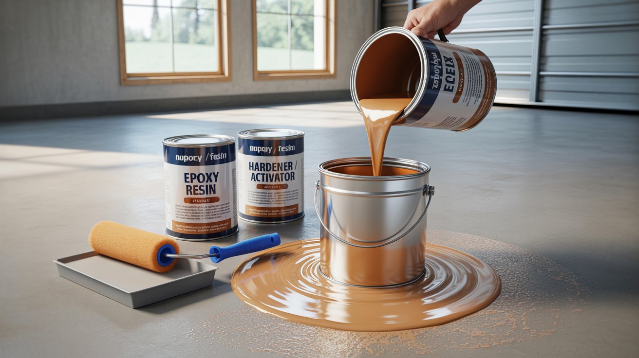 Two-part epoxy resin and hardener mixed before application to a concrete floor.