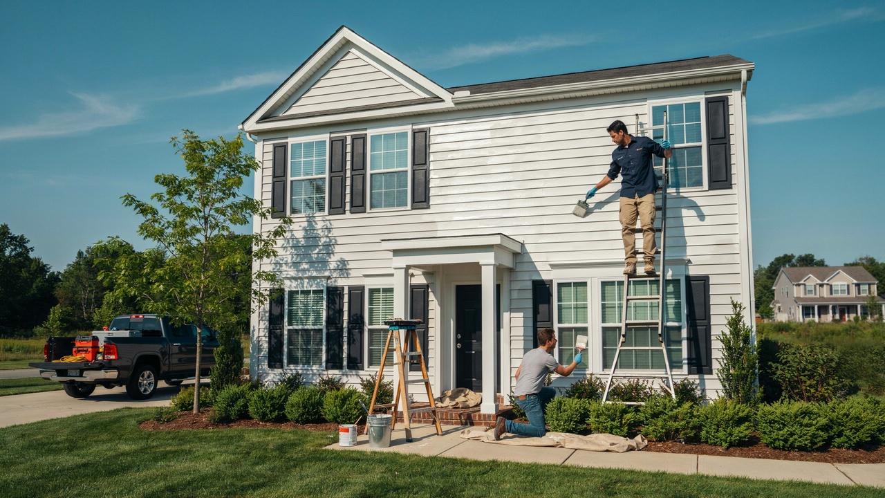 Suburban American house being professionally painted outdoors in mild, dry weather.