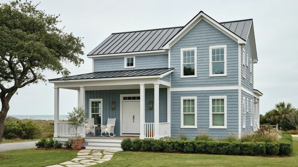 Light blue shingled beach house with white trim, dark metal roof, front porch with white rocking chairs.