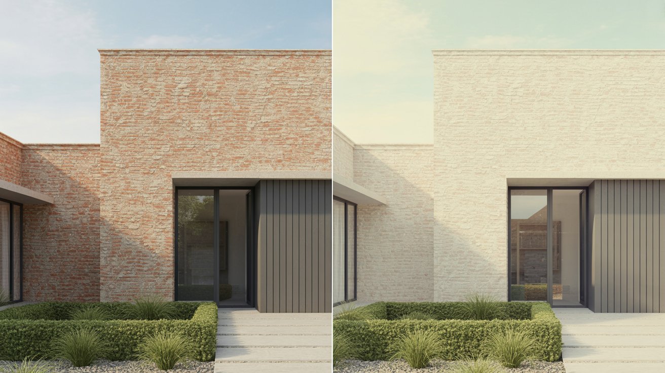 Modern home with pale neutral limewashed brick and clean dark window frames.