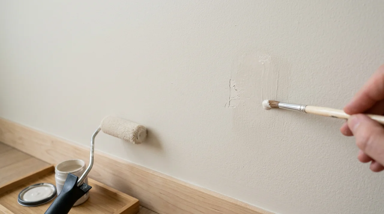 Eggshell painted wall with a carefully blended touch-up repair and painting tools.