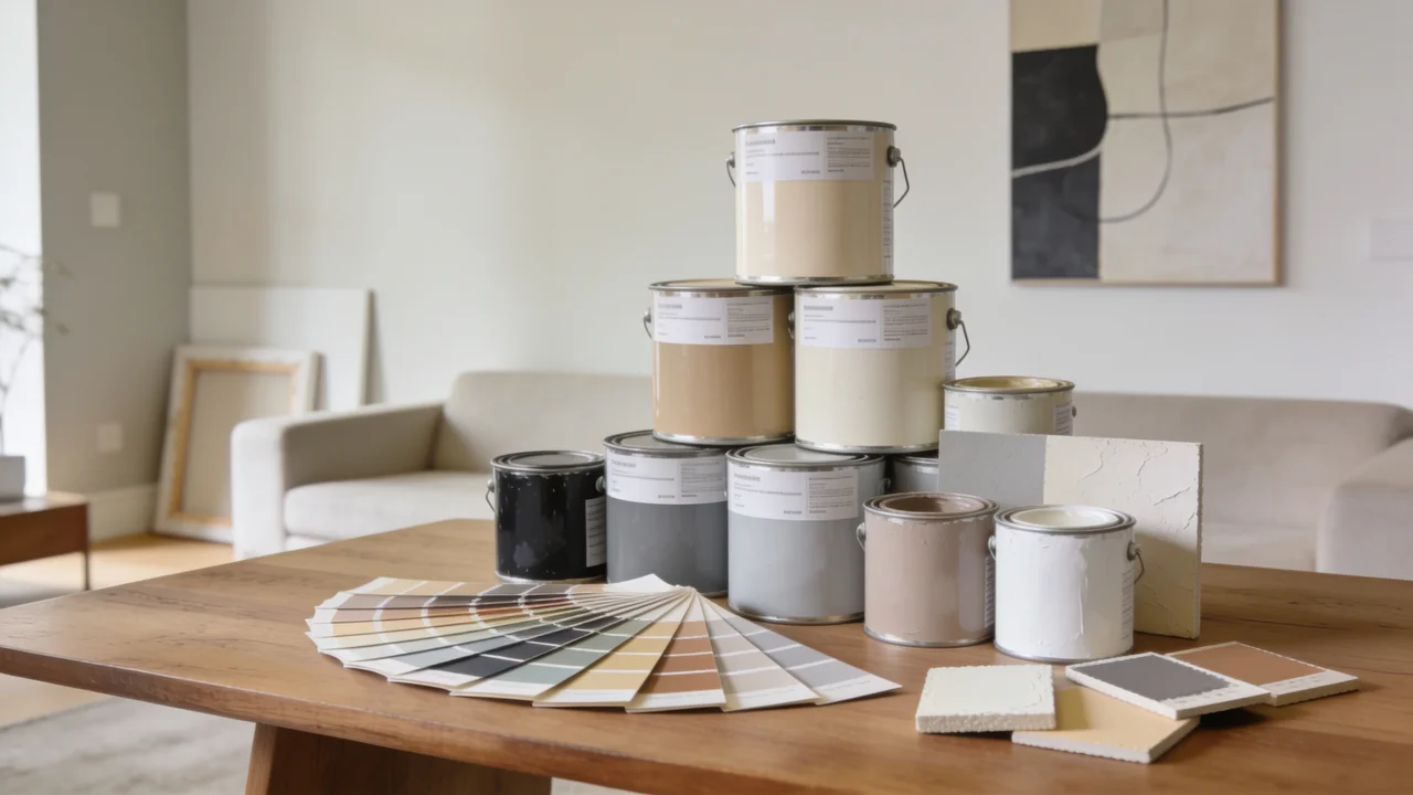 Paint selection setup with samples for interior painting decisions.