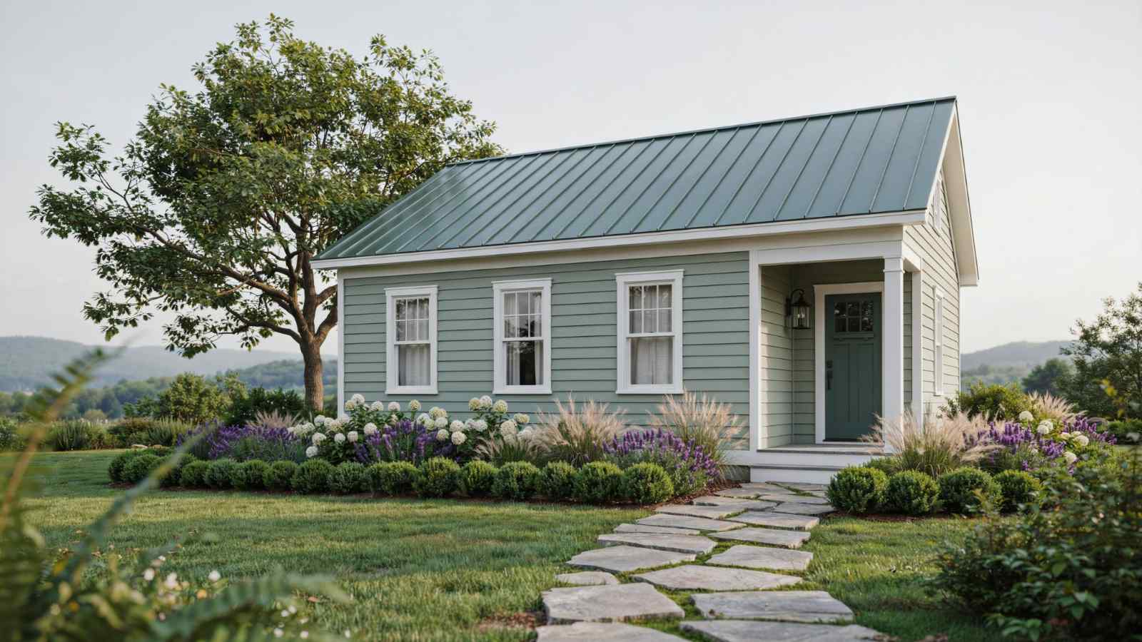 Sage green cottage with matching metal roof, white trim, stone path through purple and white flower gardens.