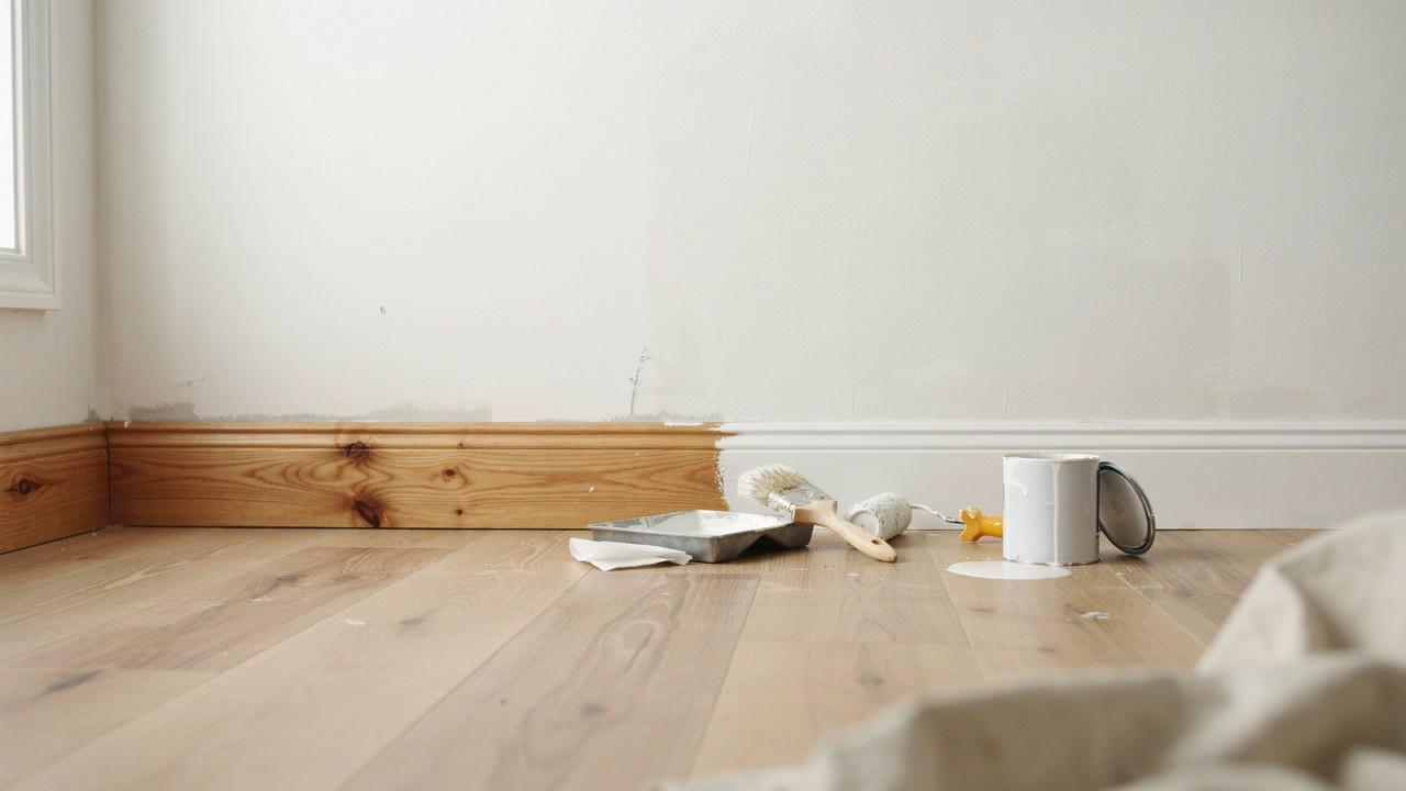 Wooden baseboards partly coated with white primer before painting.
