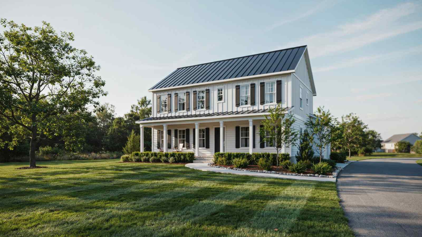 Two-story white farmhouse with black metal roof, wraparound porch, black shutters, striped lawn and large shade tree.