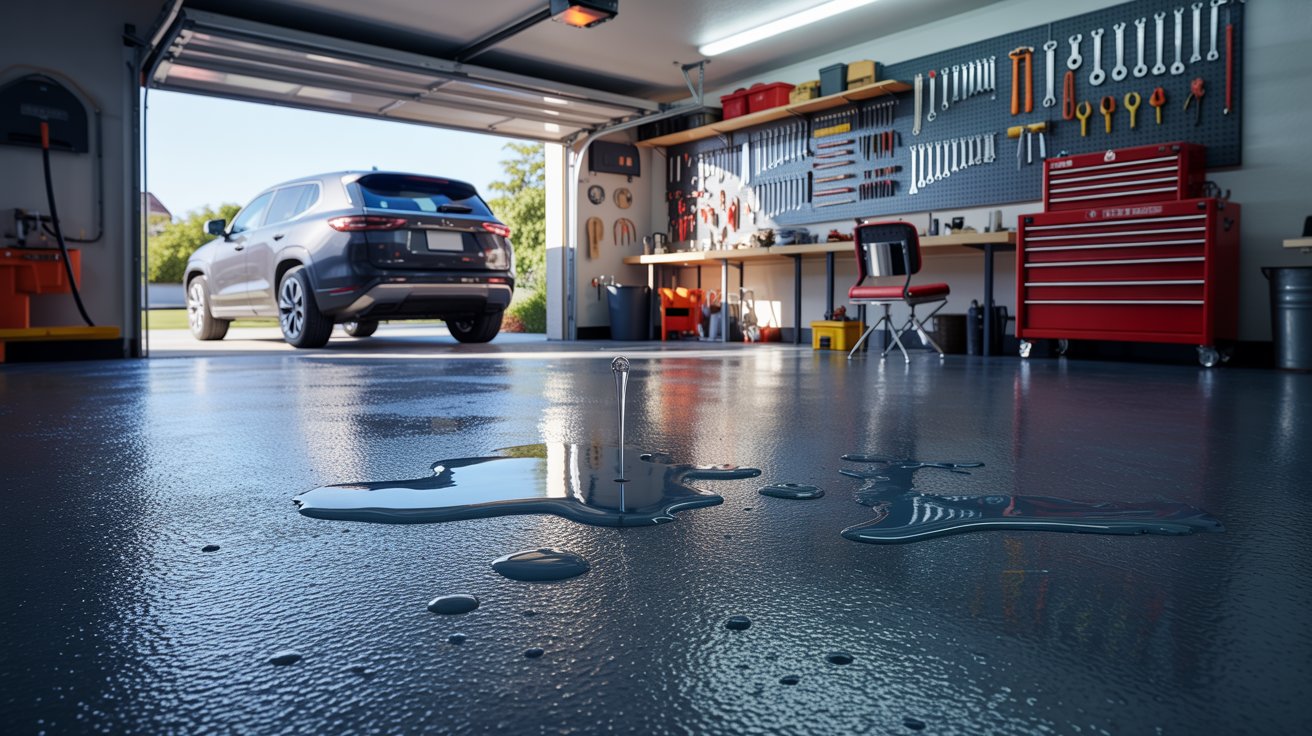 Epoxy-coated concrete floor protecting a garage from stains, moisture, oil, and daily wear.