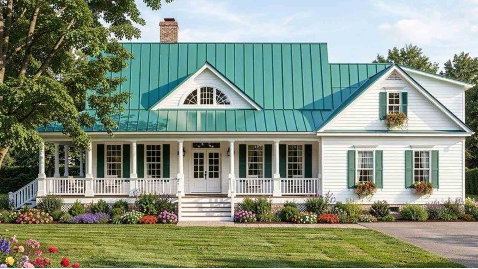 White farmhouse with teal metal roof, green shutters, wraparound porch with white columns, colorful flower beds and manicured lawn.