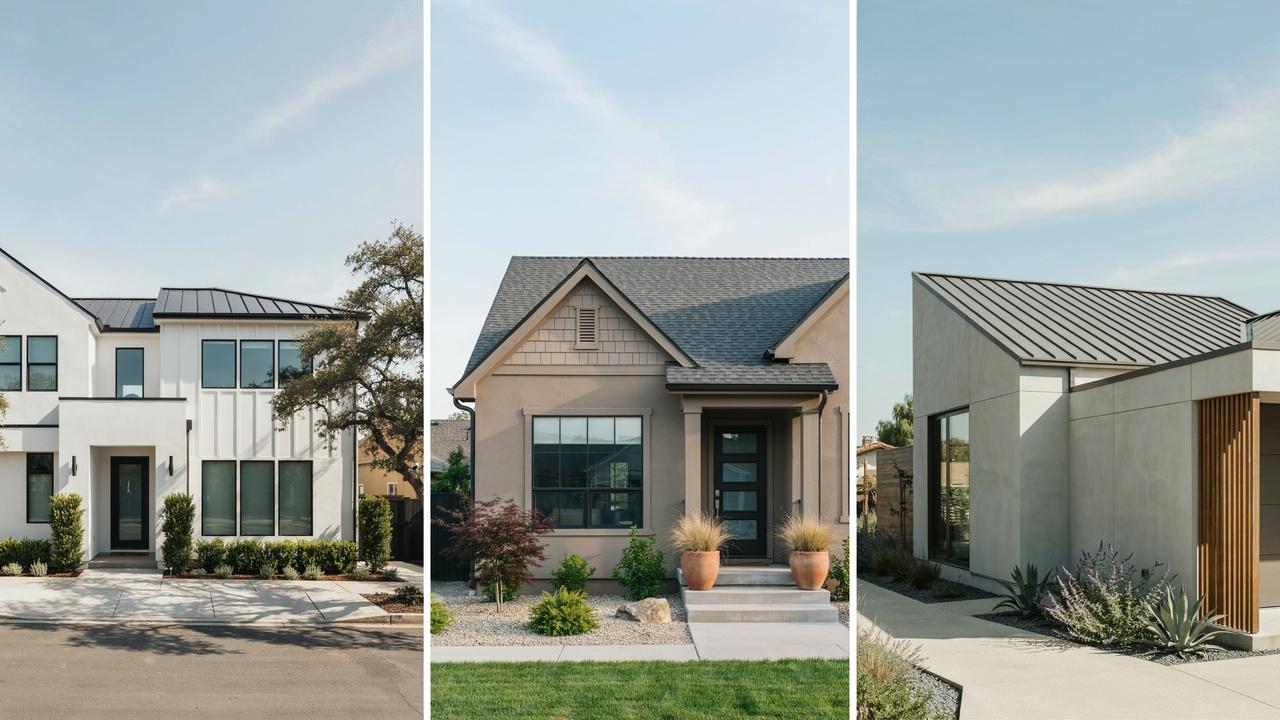 Triptych of three modern houses with dark metal roofs - white two-story, beige bungalow, and concrete minimalist - with drought-tolerant landscaping.