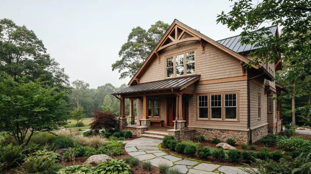Craftsman-style tan shingle house with stone foundation, wood trim, metal roof, lush garden and flagstone walkway.