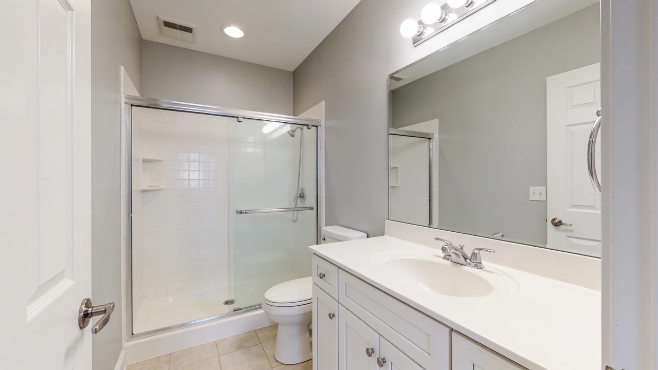 Durable washable bathroom paint finish in a family bathroom.