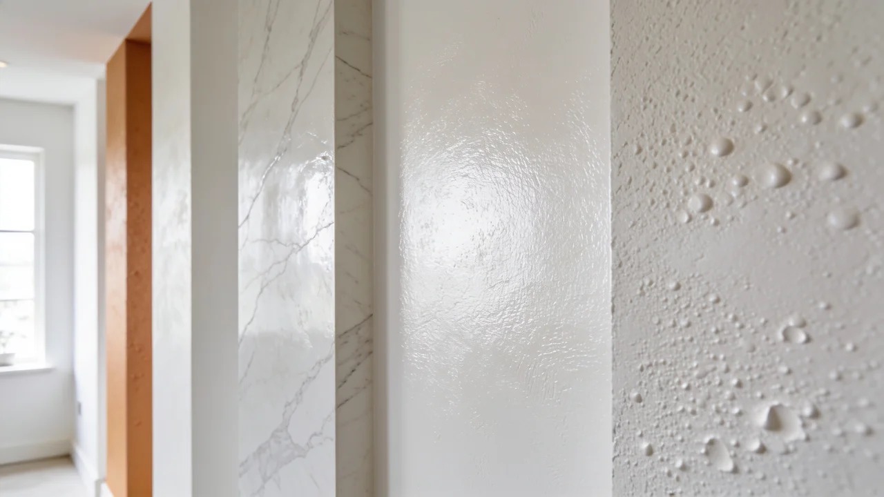 Smooth wall texture types displayed on interior sample walls with varied finishes.