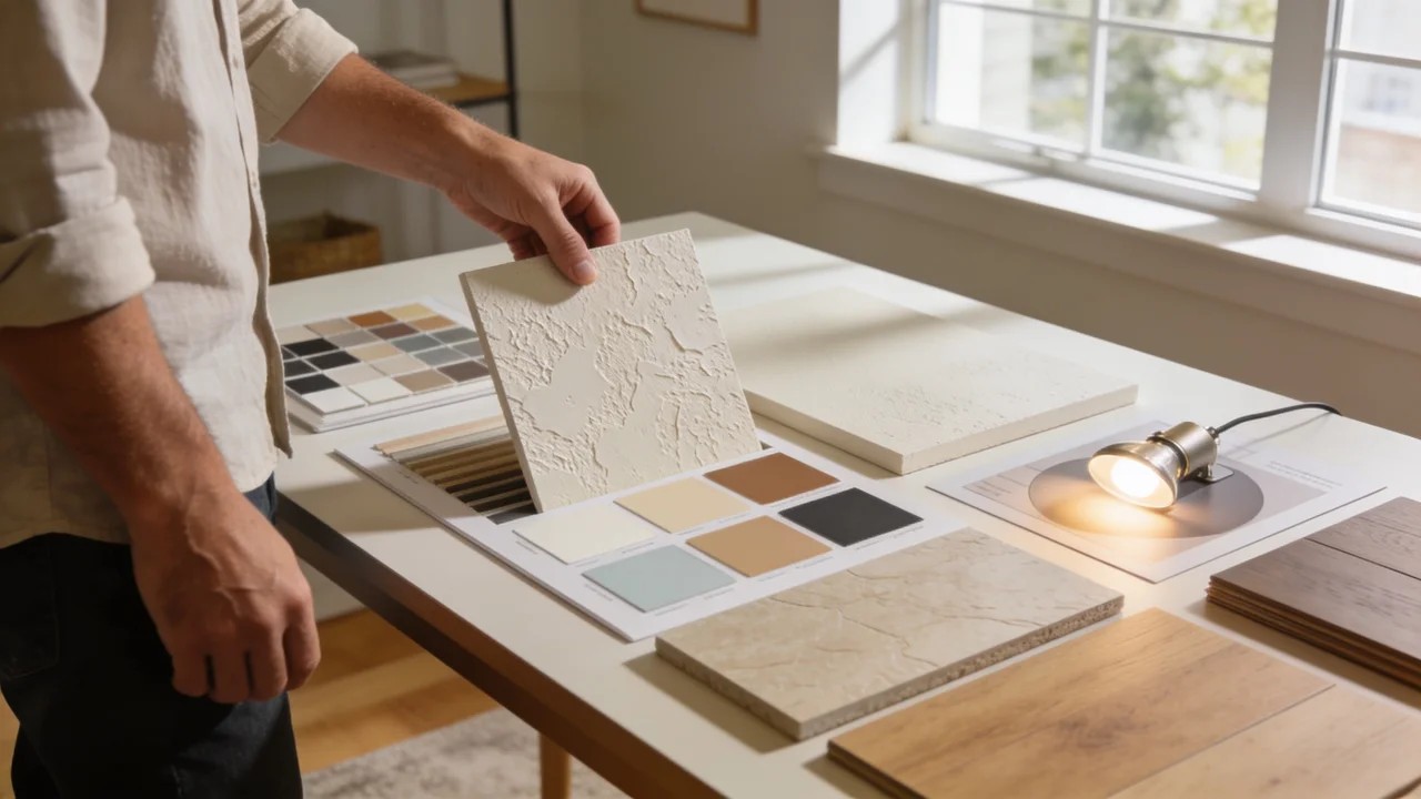 Choosing the best wall texture using samples and room lighting.