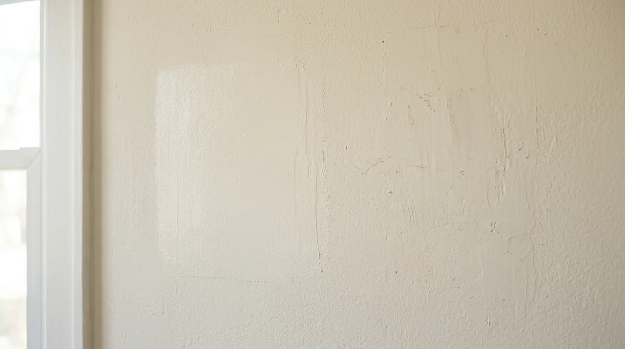 Fresh eggshell paint patch showing subtle sheen differences against older wall paint.