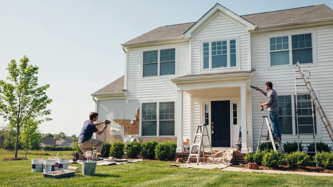 Exterior house repairs being completed before fresh paint is applied.