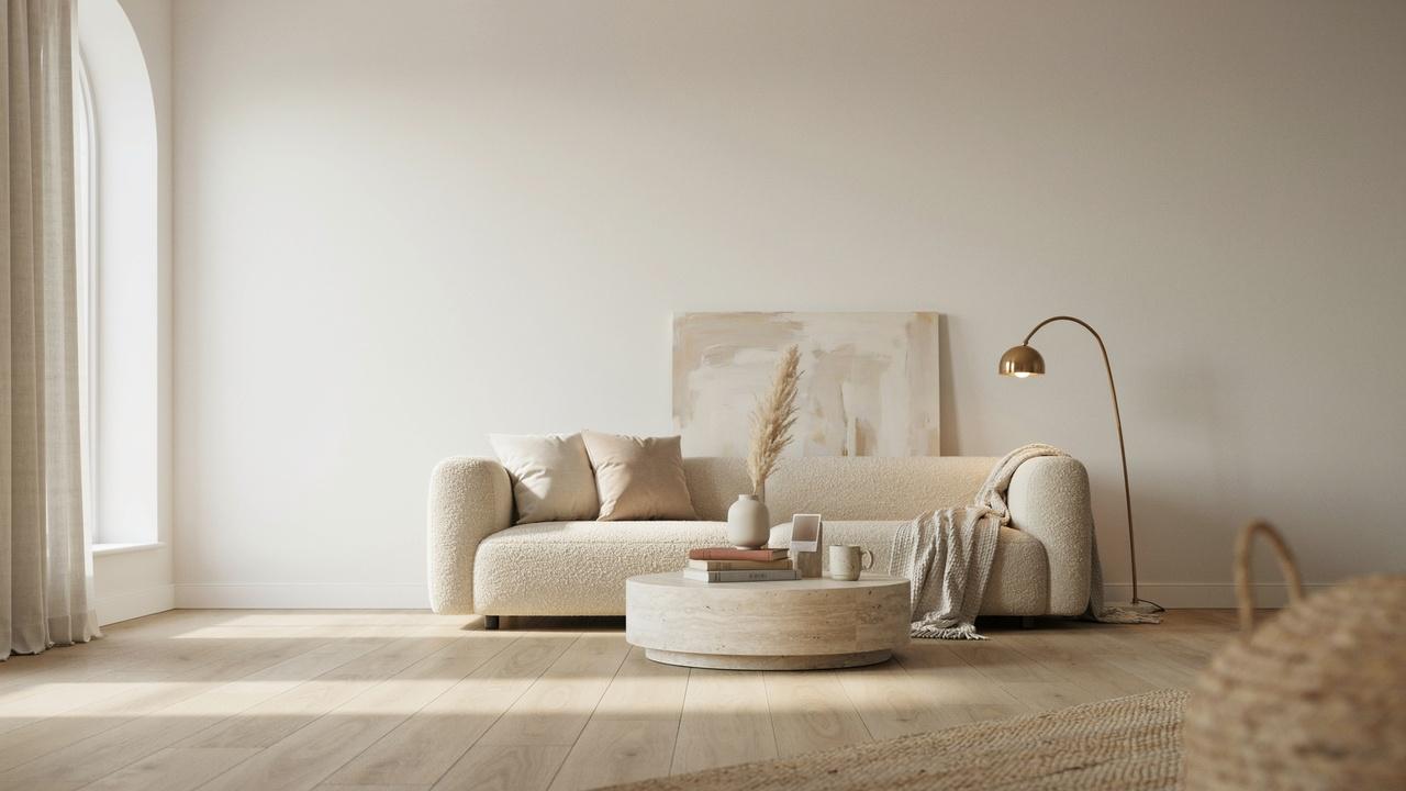 Dune White Benjamin Moore 968 walls in a bright neutral interior.