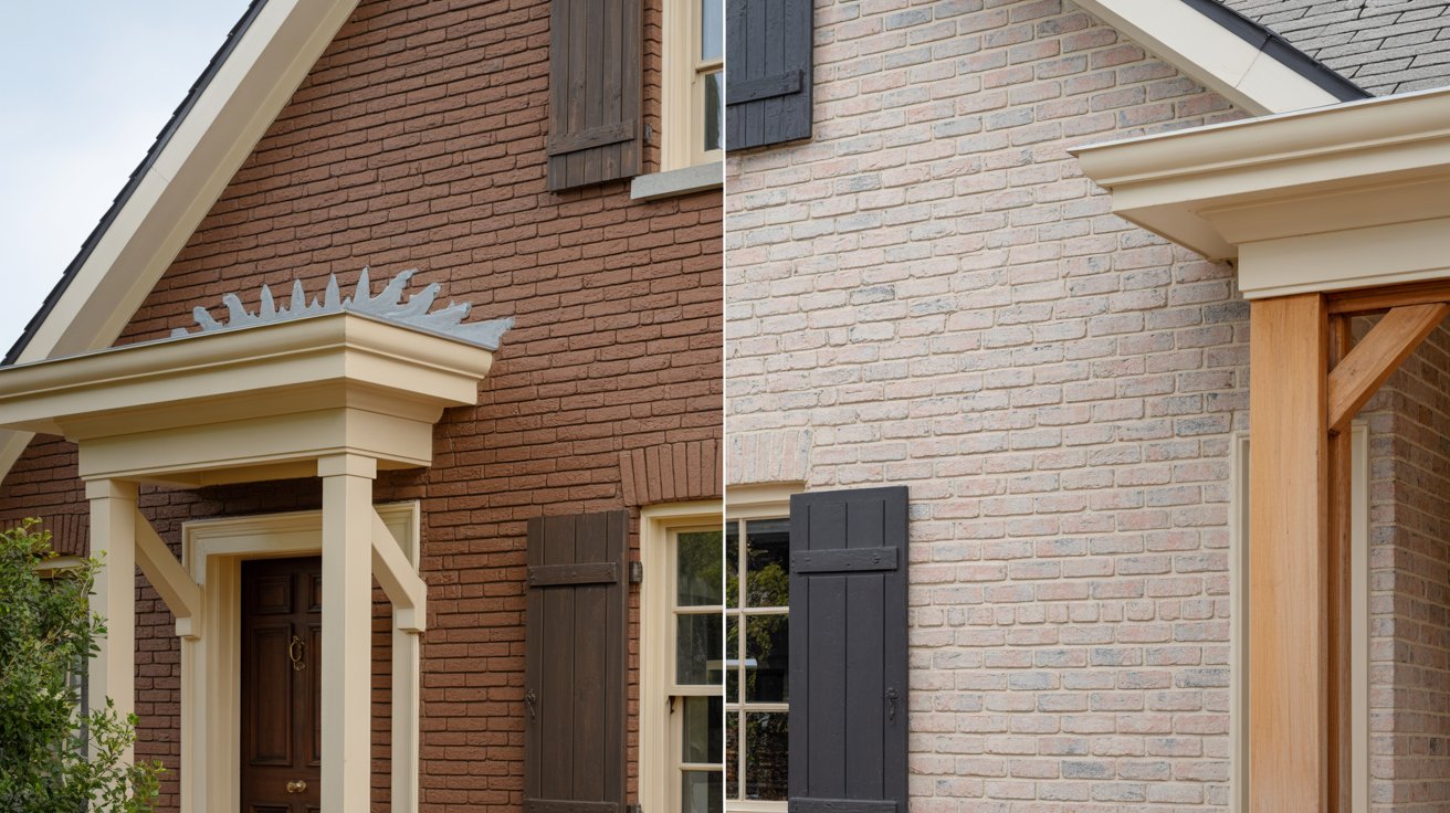 Brown brick softened with greige limewash while retaining natural masonry texture.