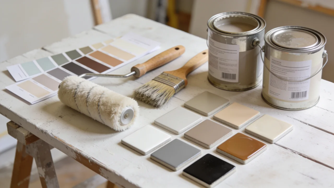 Paint samples, tools, and finish boards comparing two paint brands.