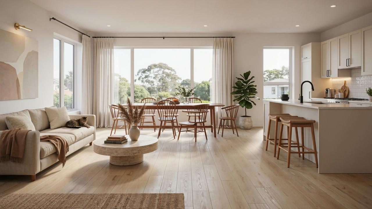 Dune White Benjamin Moore used throughout an open-plan home.
