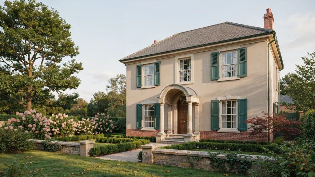 Beige two-story house with dark green shutters, arched stone entryway, brick base, manicured hedges and pink hydrangeas.